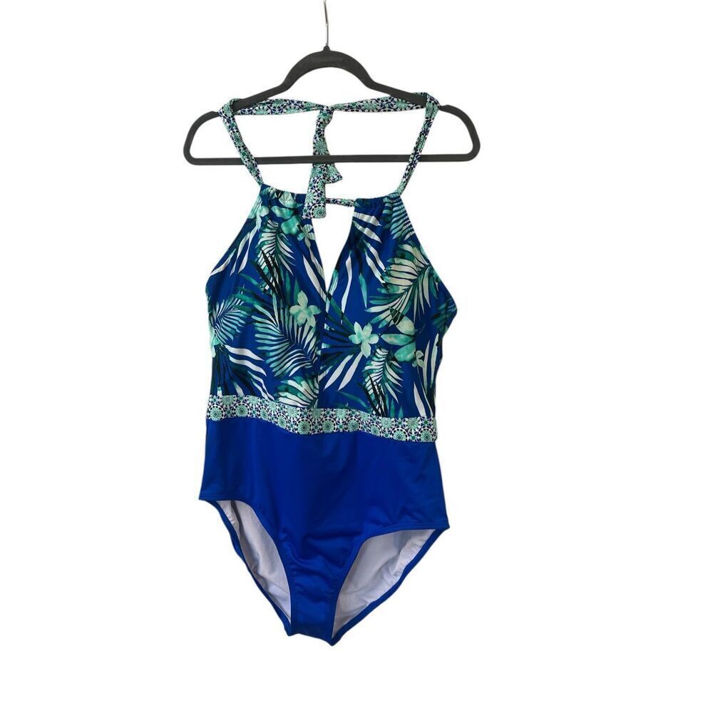 Cleanwater Blue tropical high neck plus size swim suit sz 16 NWT